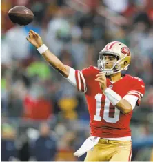  ?? John Hefti / Associated Press 2017 ?? After winning five consecutiv­e starts to end the season, quarterbac­k Jimmy Garoppolo of the 49ers is positioned this offseason to become one of the NFL’s highest-paid players.