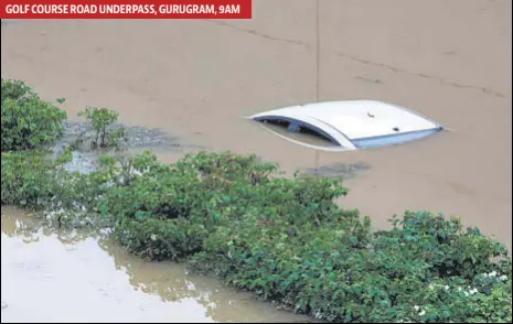  ?? AFP ?? A submerged car is seen in a flooded underpass at Gurugram’s Golf Course Road after heavy monsoon rain in NCR on Wednesday.