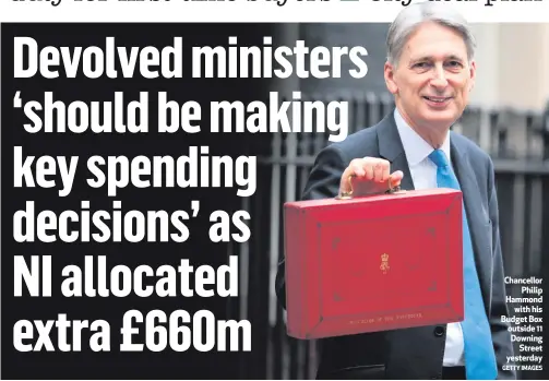  ?? GETTY IMAGES ?? Chancellor
Philip Hammond
with his Budget Box outside 11 Downing
Street yesterday