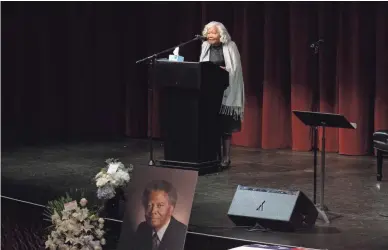  ??  ?? Ruth Franklin, sister of Coy Payne, speaks during the funeral for her brother on Monday in Chandler.