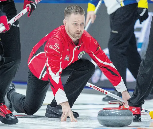  ?? ANDREW VAUGHAN / THE CANADIAN PRESS ?? Team Canada’s Brad Gushue became the winningest skip in Brier history with a career total of 114, breaking a tie with Russ Howard and Kevin Martin.