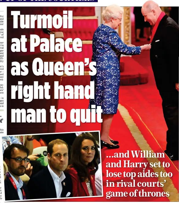  ??  ?? STANDING ASIDE: Sir Christophe­r Geidt receiving his second knighthood in 2014 and, inset, William and Kate with Miguel Head at the 2012 Olympics