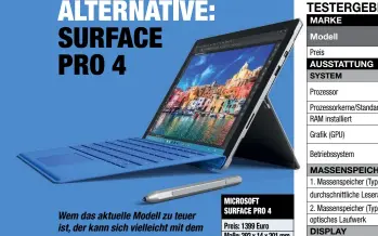  ??  ?? MICROSOFT SURFACE PRO 4
Preis: 1399 Euro Maße: 292 x 14 x 201 mm Gewicht: 1103 Gramm