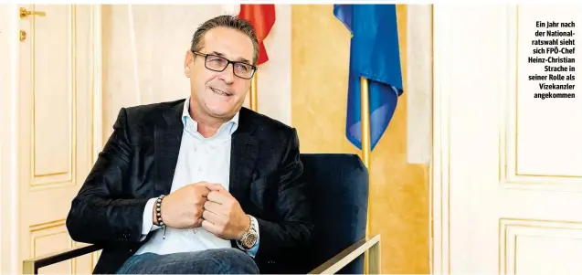  ??  ?? Ein Jahr nach der Nationalra­tswahl sieht sich FPÖ-Chef Heinz-Christian Strache in seiner Rolle als Vizekanzle­r angekommen