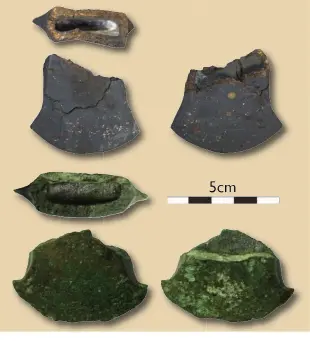  ??  ?? Right: The cutting edge fragment of a replica axe (above) compared with a fragment from the St Buryan hoard