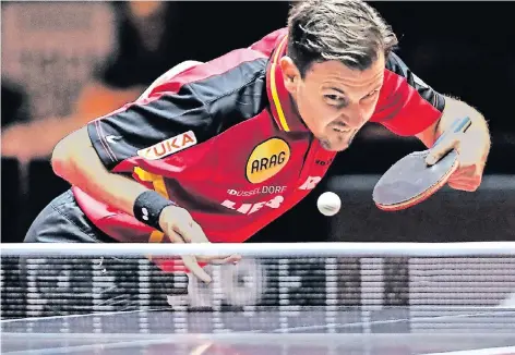  ?? RP-FOTO: ANDREAS KREBS ?? Timo Boll (36), hier bei der WM in den Messehalle­n, ist Borussias Schlüssels­pieler im heutigen Finale in Frankfurt.