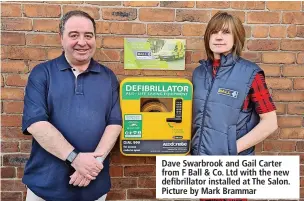  ?? ?? Dave Swarbrook and Gail Carter from F Ball & Co. Ltd with the new defibrilla­tor installed at The Salon. Picture by Mark Brammar