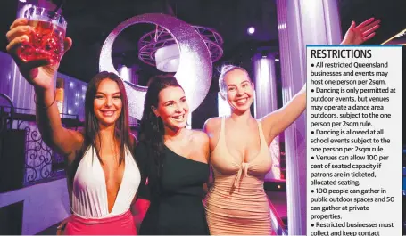  ??  ?? Gemma Thorley, Bonnie Pickering and Brooke McNaughten from SinCity night club get ready to open after COVID-19 restrictio­ns are lifted. Picture: Scott Powick
