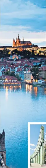  ??  ?? TIME LAPSE
The Charles Bridge over the Vltava river in Prague, main; East German refugees leaving the Czech capital in 1989, left; modernism at Warsaw University library, below