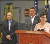  ?? NICHOLAS BUONANNO — NBUONANNO@TROYRECORD.COM ?? Village of Green Island Mayor Ellen McNulty-Ryan said she is pleased to now have a real emergency shelter in place for its residents, as Albany County Legislatur­e Chairman Sean Ward and Albany County Sheriff Craig Apple watch.