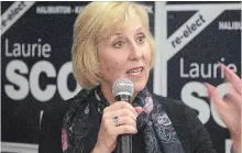  ?? BILL HODGINS/METROLAND BILL HODGINS/METROLAND ?? Laurie Scott speaks in Lindsay to her supporters after being re-elected June 7 . Scott was appointed labour minister after the election.