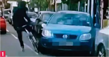  ??  ?? Hit: The blue VW suddenly pulls out, almost knocking the man off his bike 1