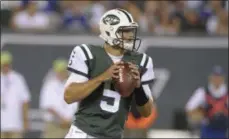  ??  ?? New York Jets quarterbac­k Christian Hackenberg (5) looks to pass during the second half of an NFL preseason football game against the New York Giants Saturday in East Rutherford, N.J. The Giants won 21-20.