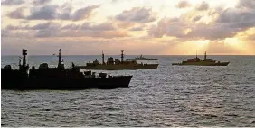  ?? MARTIN CLEAVER ?? Vessels in the naval task force to the Falklands steaming south in the Atlantic Ocean