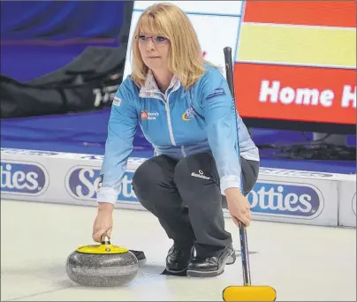  ?? JASON SIMMONDS/JOURNAL PIONEER ?? Shannon Kleibrink prepares to make a shot during a team practice at Eastlink Arena on Monday afternoon. Kleibrink’s rink from the Okotoks Curling Club in Alberta begins play in the 2017 Road to the Roar Pre-Trials curling event in Summerside today.