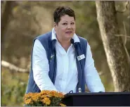  ??  ?? Kim Murphy, president of Berks Nature, speaks during the dedication ceremony of Bob’s Woods at the Earl Poole Sanctuary in Alsace Township Nov. 5.