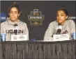  ?? Hearst Connecticu­t Media file photo ?? UConn’s Kia Nurse, left, and Gabby Williams address the media during a press conference at Webster Bank Arena in Bridgeport last March.