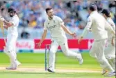  ?? ACTION IMAGES VIA REUTERS ?? and’s Mark Wood celebrates after taking the wicket of Rohit ma at Lord’s on Sunday.