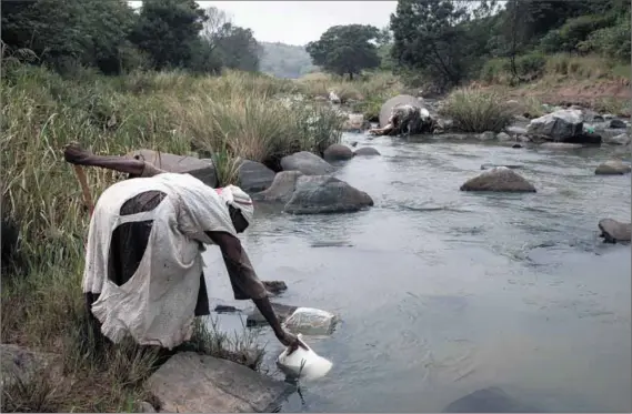  ?? Photo: Per-anders Pettersson/getty Images ?? Not a drop to drink: Ndenzeni Njwenene, 82, fetches water for from a river near Mthatha. Despite millions being spent on a project in the ward, seven years later taps are still dry. Many municipali­ties in the Eastern Cape fail to provide potable water.