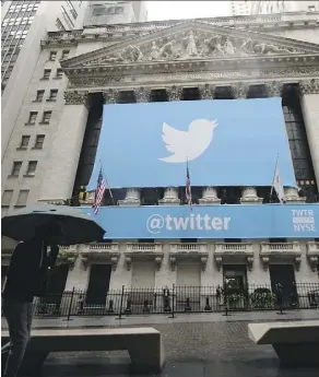  ?? AFP/GETTY IMAGES ?? A banner with the logo of Twitter at the New York Stock Exchange. Donald Trump says he’s “not unproud” of tweeting at 3 a.m.