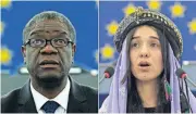  ?? [AP FILE PHOTOS] ?? This combo of file photos shows Dr. Denis Mukwege, from the Democratic Republic of Congo, left, and Nadia Murad, a Yazidi woman from Iraq, as they both address the European parliament in Strasbourg, France. The Nobel Peace Prize on Friday was awarded to the Congolese doctor and former captive of the Islamic State group for their work to highlight and eliminate the use of sexual violence as a weapon of war.