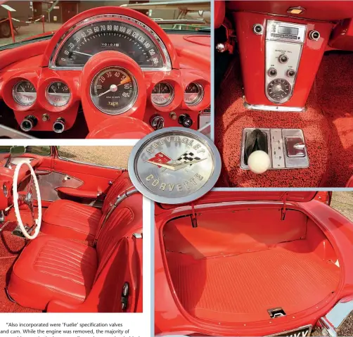  ??  ?? Top left: Full set of gauges includes tach and shows 98k on the clock.
Top right: Transmissi­on is a two-speed Powerglide automatic.
Bottom left: Unsightly orange vinyl seat covers were replaced with the correct red.
Bottom right: Removing the power top mechanism will have made the trunk considerab­ly more spacious.