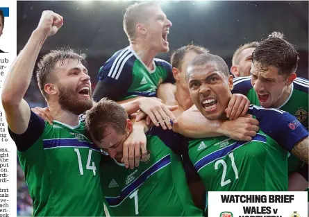  ??  ?? Marching on: The team enjoy McGinn’s strike (above) while McGovern is congratula­ted by Neuer