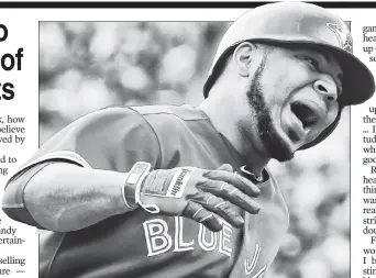  ?? Ray Stubblebin­e ?? JAY IS A PARROT: Edwin Encarnacio­n starts his “walk the parrot” routine after a homer against the Yankees on Saturday.