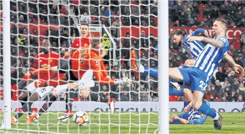  ?? REUTERS ?? Manchester United’s Nemanja Matic, second left, scores his team’s second goal against Brighton at Old Trafford.