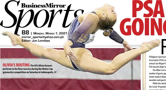  ?? AP ?? OLIVIA’S ROUTING
The US’S Olivia Greaves performs in the floor exercise during the winter Cup gymnastics competitio­n on Saturday in Indianapol­is.
