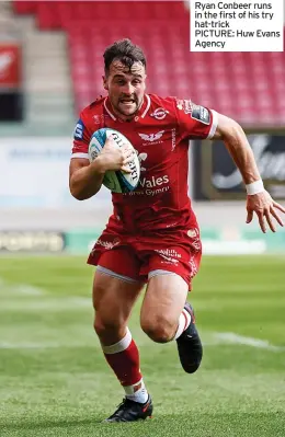  ??  ?? Ryan Conbeer runs in the first of his try hat-trick
PICTURE: Huw Evans Agency