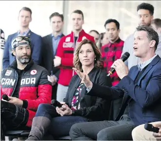  ?? GAVIN YOUNG ?? Olympians including, from left, Brian McKeever, Catriona Le May Doan and Mark Tewksbury spoke at WinSport in Calgary on Friday in support of continuing the process for a possible Calgary Winter Olympics bid .