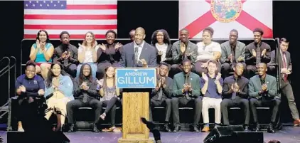  ?? MIKE STOCKER/SUN SENTINEL ?? Democratic candidate for governor Andrew Gillum appears at Florida Atlantic University to encourage early voting.