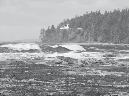  ?? JUSTINE ETZKORN ?? Waves break on the beach below the Carmanah Point lighthouse. Lightkeepe­r Justine Etzkorn impressed a Victoria family by hauling the corpse of a massive sea lion out of a creek from which West Coast Trail hikers draw drinking water.