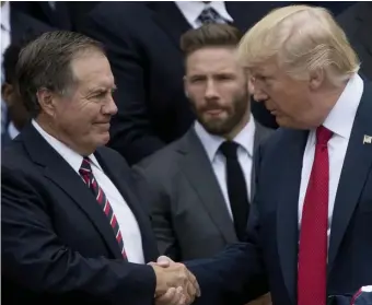  ?? AP FILE ?? SELECT GROUP: Bill Belichick, seen shaking hands with President Trump on April 19, 2017, after winning the Super Bowl earlier that year, will reportedly receive the Presidenti­al Medal of Freedom on Thursday.