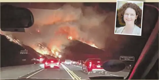  ?? PHOTOS COURESY OF BETHANY ELLIS ?? FIERY COMMUTE: Bethany Ellis, top, was headed to the airport with her husband when California wildfires, above, made the ride more than they bargained for.