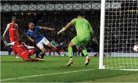  ?? Ibrox. Photograph: Greig Bertram/AGBPhoto/ ?? Kemar Roofe of Rangers scores in extra time to take his side past Braga in the Europa League quarter-final second leg at