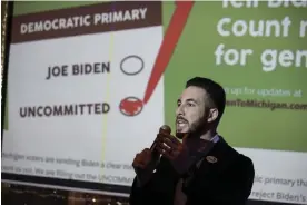  ?? Photograph: Anadolu/Getty Images ?? Abdullah Hammoud, the mayor of Dearborn, speaks at an election night watch party held by the Listen to Michigan campaign on Tuesday.