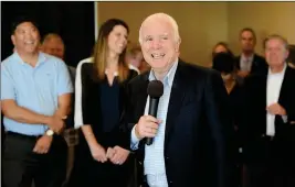  ??  ?? MCCAIN SMILES AS HE TALKS DURING A NOV. 7, 2016, RE-ELECTION rally at The Patio Restaurant and Bar at Desert Hills Municipal Golf Course. McCain was accompanie­d on the barn-storming tour by U.S. Sen. Lindsey Graham, R-S.C., former U.S. Rep. Doug Shadegg, R-Ariz., former U.S. Sen. Jon Kyl, R-Ariz., Arizona Gov. Doug Ducey, and U.S. Sen. Jeff Flake, R-Ariz.