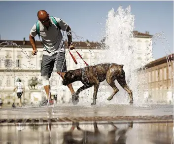  ??  ?? Un homme et son chien se rafraîchis­sent dans une fontaine de la Piazza Castello, à Turin.