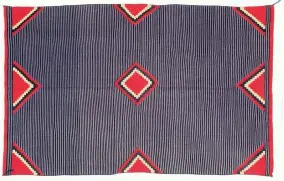  ??  ?? Navajo Germantown rug with Moki pattern with a narrow striped styling alternatin­g between dark blue and black or brown rhythmic banding.