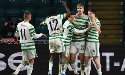  ??  ?? David Turnbull celebrates scoring Celtic’s winner against Lille. Photograph: Andy Buchanan/EPA