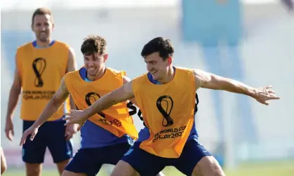  ?? Harry Kane watches John Stones and Harry Maguire in training. Photograph: Martin Rickett/PA ??