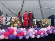  ?? PHOTO BY DAVID DEBALKO ?? Montgomery County Community College celebrated the inaugurati­on of its sixth president, Dr. Victoria L. BasteckiPe­rez, during a drive-in ceremony April 16in Blue Bell. From left: Varsovia Fernandez, assistant secretary, MCCC Board of Trustees; Dr. Victoria L. Bastecki-Perez, MCCC president; and Frank X. Custer, chair, MCCC Board of Trustees.