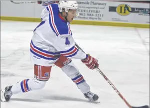  ?? JASON SIMMONDS/JOURNAL PIONEER ?? Defenceman Calvin McRae releases a shot for the Summerside D. Alex MacDonald Ford Western Capitals during Thursday night’s MHL (Maritime Junior Hockey League) game against the St. Stephen Aces.