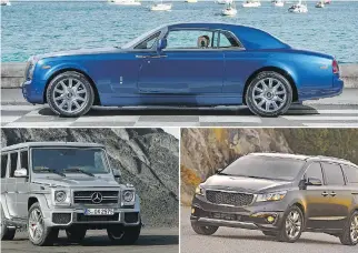  ?? ROLLS-ROYCE/KIA/MERCEDES-BENZ ?? Among the top gas guzzlers are, clockwise from the top, the Rolls-Royce Phantom, the Kia Sedona, and the Mercedes-AMG G 65.