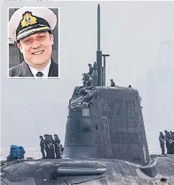  ?? Pictures: DM PARODY/AFP ?? HMS Ambush after the collision and Commander Justin Codd, inset