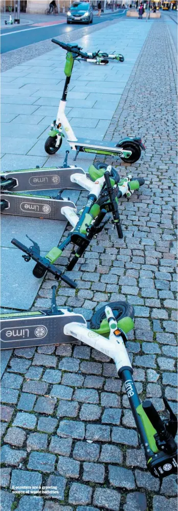  ?? Photo / Getty Images ?? E-scooters are a growing source of waste batteries.