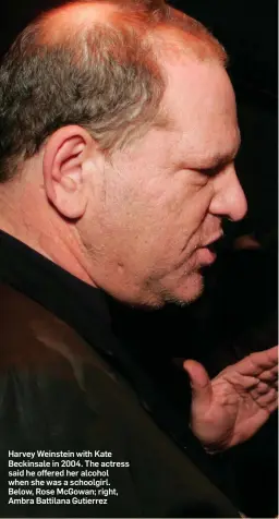  ??  ?? Harvey Weinstein with Kate Beckinsale in 2004. The actress said he offered her alcohol when she was a schoolgirl. Below, Rose McGowan; right, Ambra Battilana Gutierrez