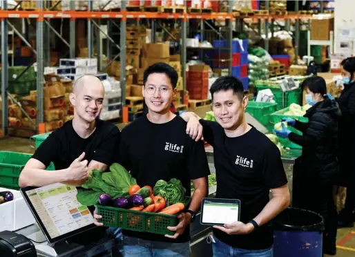  ?? ALBERT CHUA/THE EDGE SINGAPORE ?? (From left) Glife chief product officer Wayne Goh, co-founder Caleb Wu and chief technology officer Chardy Wang at the company’s warehouse in Buroh Lane